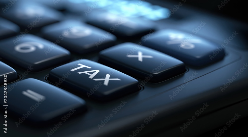 Obraz premium Close up of black calculator with tax button and arithmetic symbols