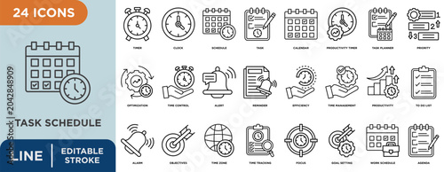 Task schedule line icon set with editable stroke for timer, clock, schedule, task, calendar, productivity timer, and time control