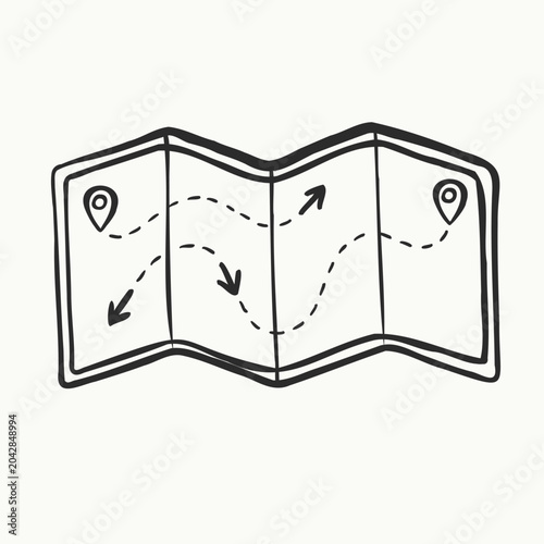 Hand drawn folded map doodle outline with route arrows. Travel navigation icon in minimal sketch style. Vector illustration isolated for tourism design.
