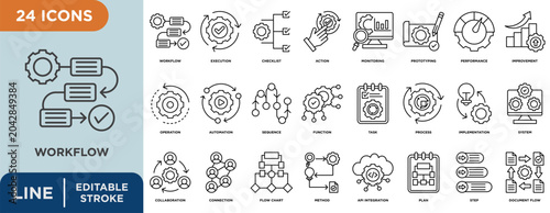 Foto Workflow line icon set with editable stroke for improvement, prototyping, execut