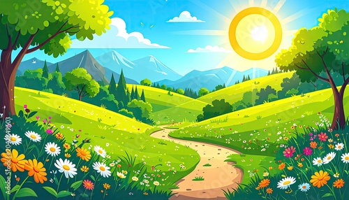 Sunny cartoon landscape path winds through a grassy meadow towards distant mountains