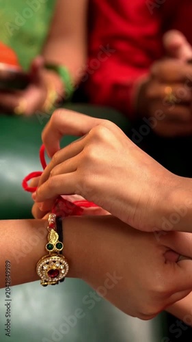Rakshabandhan Festival - Closeup of Indian Family Celebrating with Daughter Tying Rakhi to Brother and Exchanging Gifts in Traditional Attire at Home