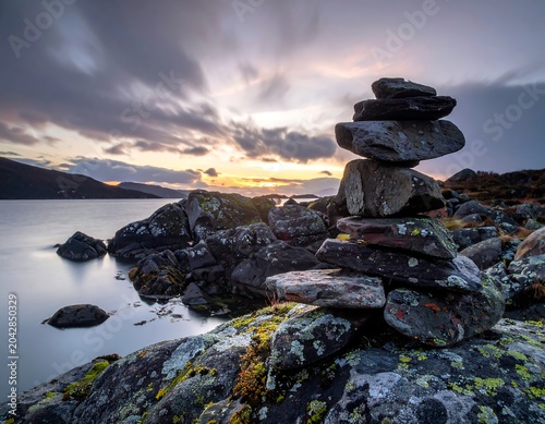 Stacked stones by water against cloudy sky at sunset for tranquility
