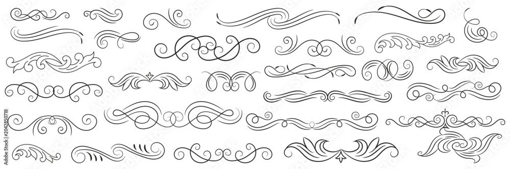 Fototapeta premium Calligraphic swirl floral ornaments. Modern swirling flourishes, wreath, romantic card decorative swirl and wedding card decor curls swirls dividers set. Black curly thin lines