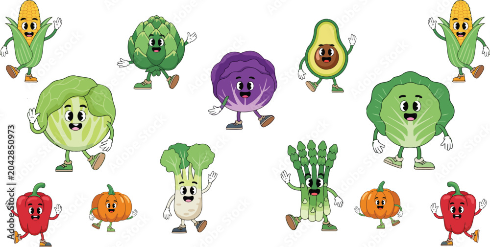 Obraz premium Vegetables set with happy faces including bell pepper avocado pumpkin corn and celery for healthy eating education and organic food brandingset with happy face bell pepper avocado pumpkin corn.