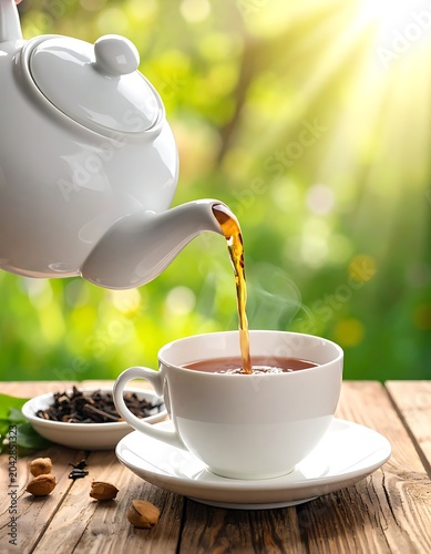A serene tea scene with a teapot pouring tea into a cup