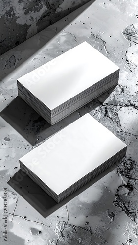 Stacked white business cards on textured surface with shadows and copy space