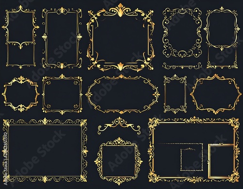 A collection of ornate, golden picture frames in various shapes and sizes are set against a dark background