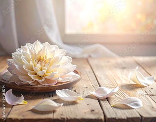 A delicate white bloom rests on a wooden plate atop a weathered table, bathed in soft, natural light filtering from a window