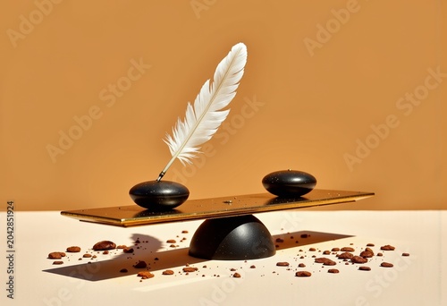 Balancing Feather and Stones on Wooden Plank.