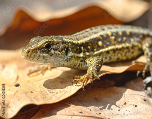 A detailed close-up of a small reptile poised on a brown, dried leaf in a forest setting, showcasing its textured skin