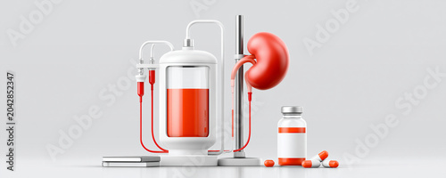 An impactful depiction of renal failure treatment, featuring dialysis and medication