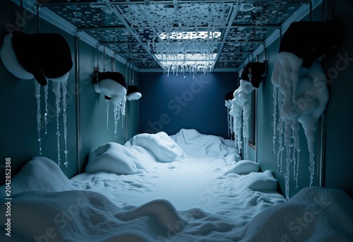 Frozen hallway with snow and icicles hanging from ceiling.