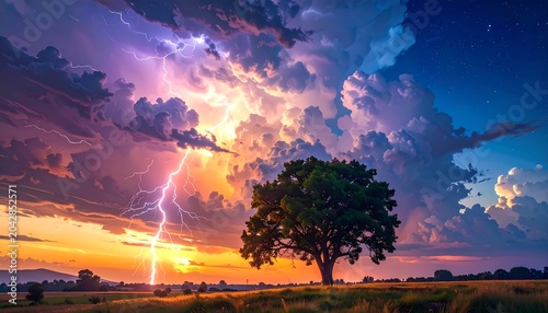 A dramatic landscape featuring a solitary tree in a field against a backdrop of a fiery sunset and a striking lightning storm