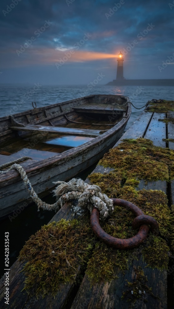 Obraz premium Old wooden boat at a pier. A guiding light in the dark fog. Hope.
