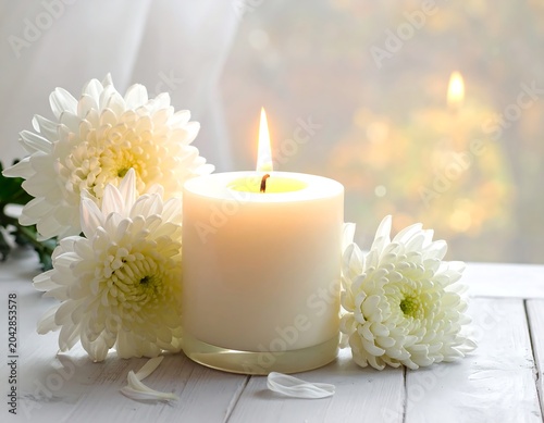 A lit white candle sits next to delicate white chrysanthemum blooms on a wooden surface in front of a window