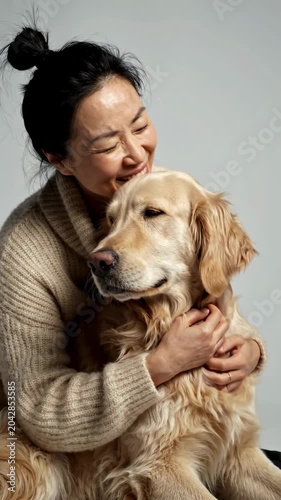 Woman affectionately hugging golden retriever dog.