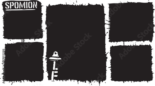 Foto A set of rough, ink-splatter style black rectangular frames and backgrounds with a hidden key detail, ideal for edgy, textured, or artistic layouts on white