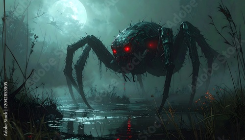 A monstrous spider with glowing red eyes emerges from a murky swamp, under the haunting glow of a full moon