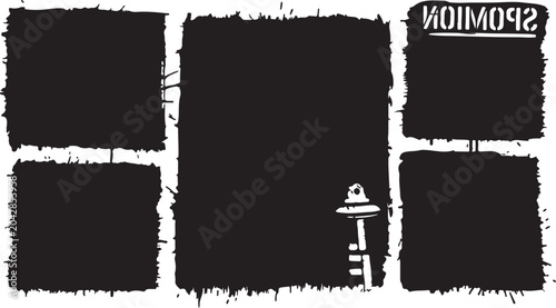Foto A set of rough, ink-splatter style black rectangular frames and backgrounds with a hidden key detail, ideal for edgy, textured, or artistic layouts on white