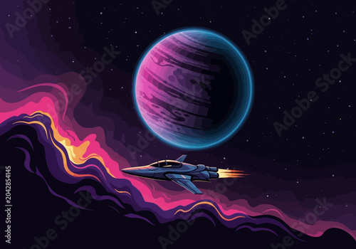 Fotografie Futuristic Spaceship Navigating Vibrant Cosmic Nebula Near a Glowing Purple Gas