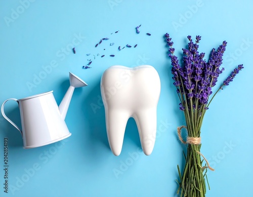 A pristine white tooth figurine, lavender bouquet, and miniature watering can rest on a light blue background