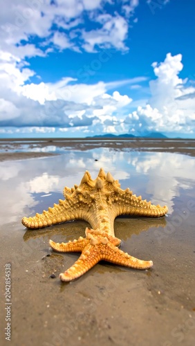 Starfish on beach reflecting sky coastal scene with sandy shore and water