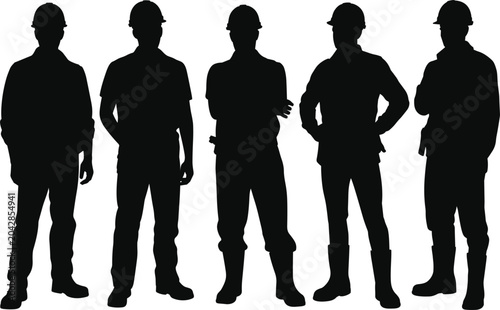 Five construction worker silhouettes wearing hard hats and work clothes on a white background Keywords: silhouette, construction, workers, men, group, hard hats, work clothes