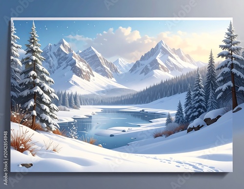 A serene winter scene with snow-covered mountains, a frozen lake, and evergreen trees under a bright blue sky