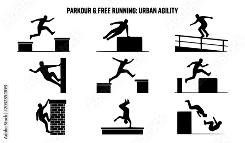 Bild auf Leinwand Dynamic parkour silhouettes collection of athletes jumping and balancing on urba