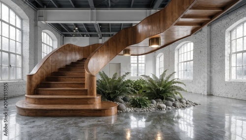 Sweeping curved wooden staircase in a bright minimalist lobby setting with lush plants