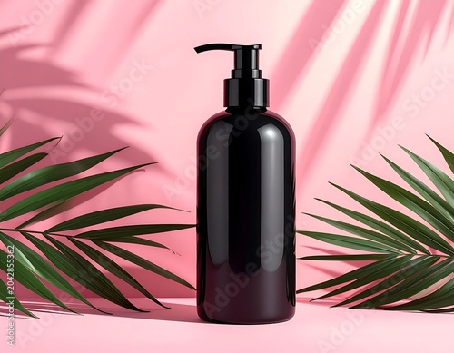 A sleek, black lotion dispenser sits against a soft pink backdrop, framed by tropical palm leaves, creating a spa-like feel