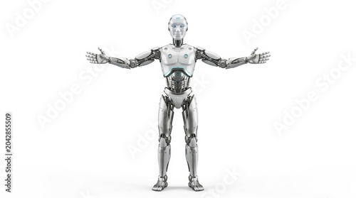 Futuristic android standing with arms open wide