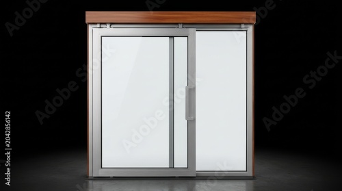 Modern sliding glass door with wood header showcased