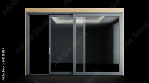 Modern sliding glass door with wood header showcased