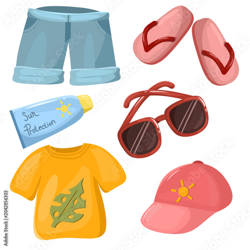 collection of colorful, cartoon-style clipart illustrations featuring summer outfits 