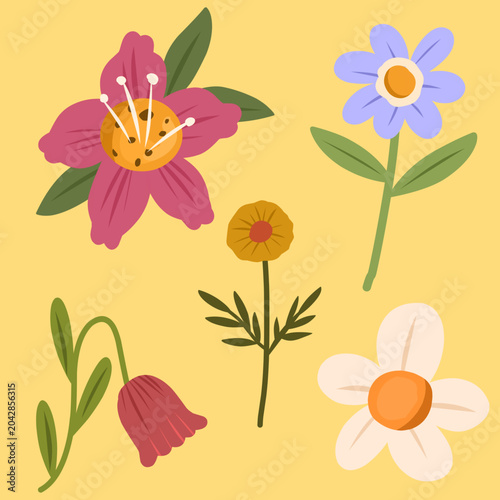 Clipart illustration set featuring flower branches and petals in various colors and flower varieties 