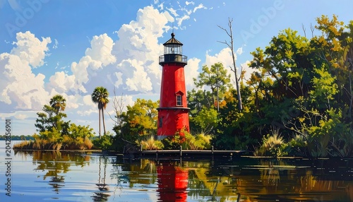 A vibrant painting of a red lighthouse on a small island, surrounded by trees and calm water. Blue sky and clouds