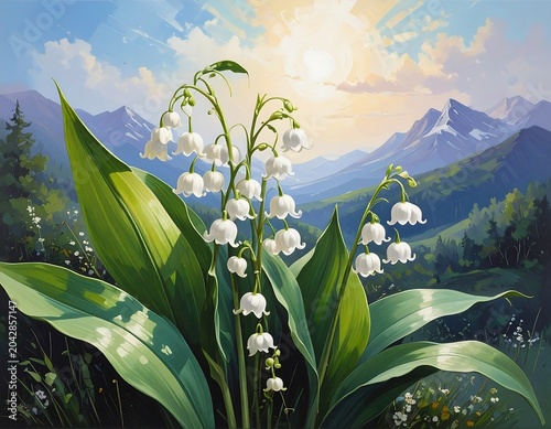 A vibrant painting of lily of the valley flowers with large leaves. The background features rolling hills and a bright sun