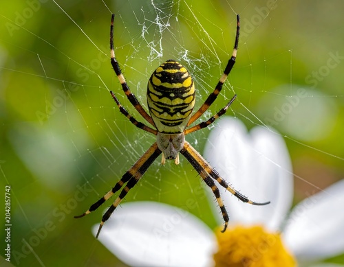 A vibrant yellow and black striped arachnid sits centered in its web, a blurred flower in the background