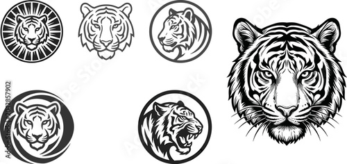 Foto Tiger face and head badge icon set featuring detailed predatory wildcat illustra