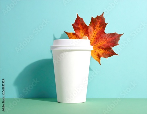 A white disposable coffee cup with a lid sits against a teal backdrop next to a vibrant autumn maple leaf, casting a shadow