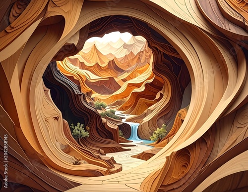 An abstract, detailed illustration presents a view of a canyon through an organic, wood-like carved opening. A river flows through