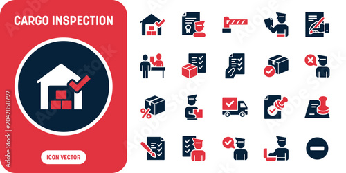 Quadro su tela Cargo inspection and customs clearance icon set with warehouse clearance checkmark, customs officer with document, delivery truck approved, cargo box inspection checklist, passport control counter