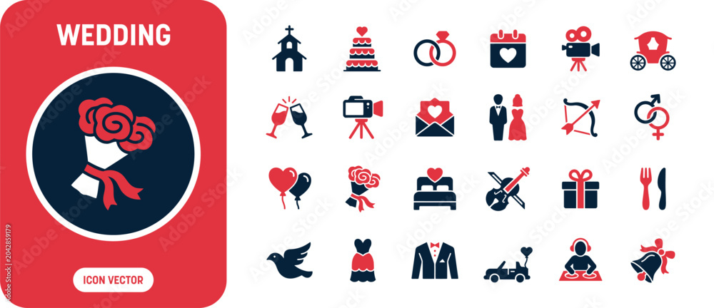 Fototapeta premium Wedding and Romance Icon Set with Wedding Bouquet, Bride Groom, Interlocking Rings, Tiered Cake, Church Building, and Wedding Car Vector Illustration