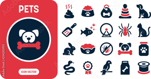 Tableau sur toile Pet care and domestic animals icon set vector including hamster wheel, parrot bird, dog food bowl, tarantula spider, cat litter scoop, and anti parasite sign graphics for veterinary clinics