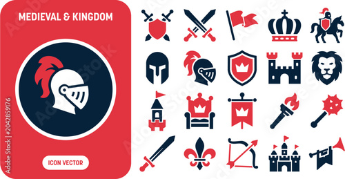 Foto Medieval and Kingdom Icon Set with Knight Helmet, Crossed Swords, Royal Crown, S