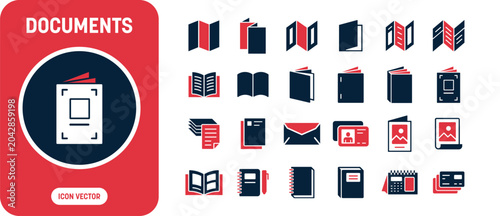 Foto Documents and Stationery Icon Set with Trifold Brochure, Opened Book, Mailing En