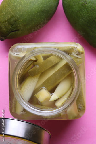 Authentic Green Mango in Salted Brine, Pickled Slices, Traditional Indian Uppilittathu or Kadumango