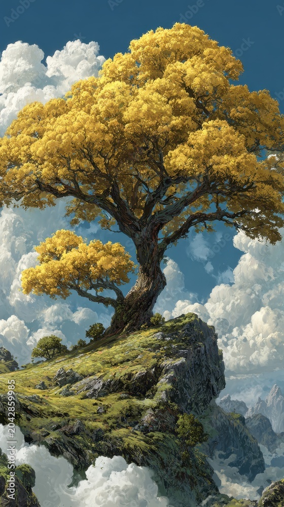 Fototapeta premium Majestic Golden Tree on Rocky Cliff Under Bright Blue Sky